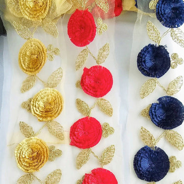 Beige Net Lace Trim With Blue / Beige / Red Thread Flowers and Gold Leaves Embroidery, Approx. 95mm wide